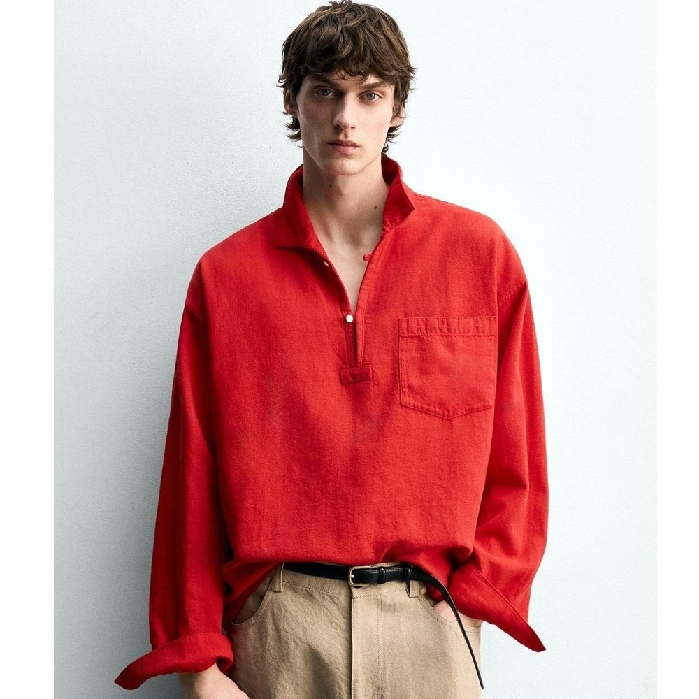 Zara Relaxed Fit Linen Denim Popover Henley Shirt Men S Red Long Sleeve Cotton